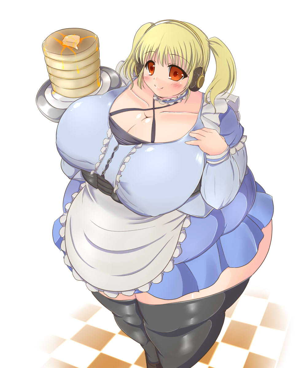 1girl apron black_legwear black_thighhighs blonde_hair breasts fat female food headphones highres huge_breasts kurokaze_no_sora nitroplus obese red_eyes short_hair short_twintails solo standing super_pochaco thighhighs twintails waitress