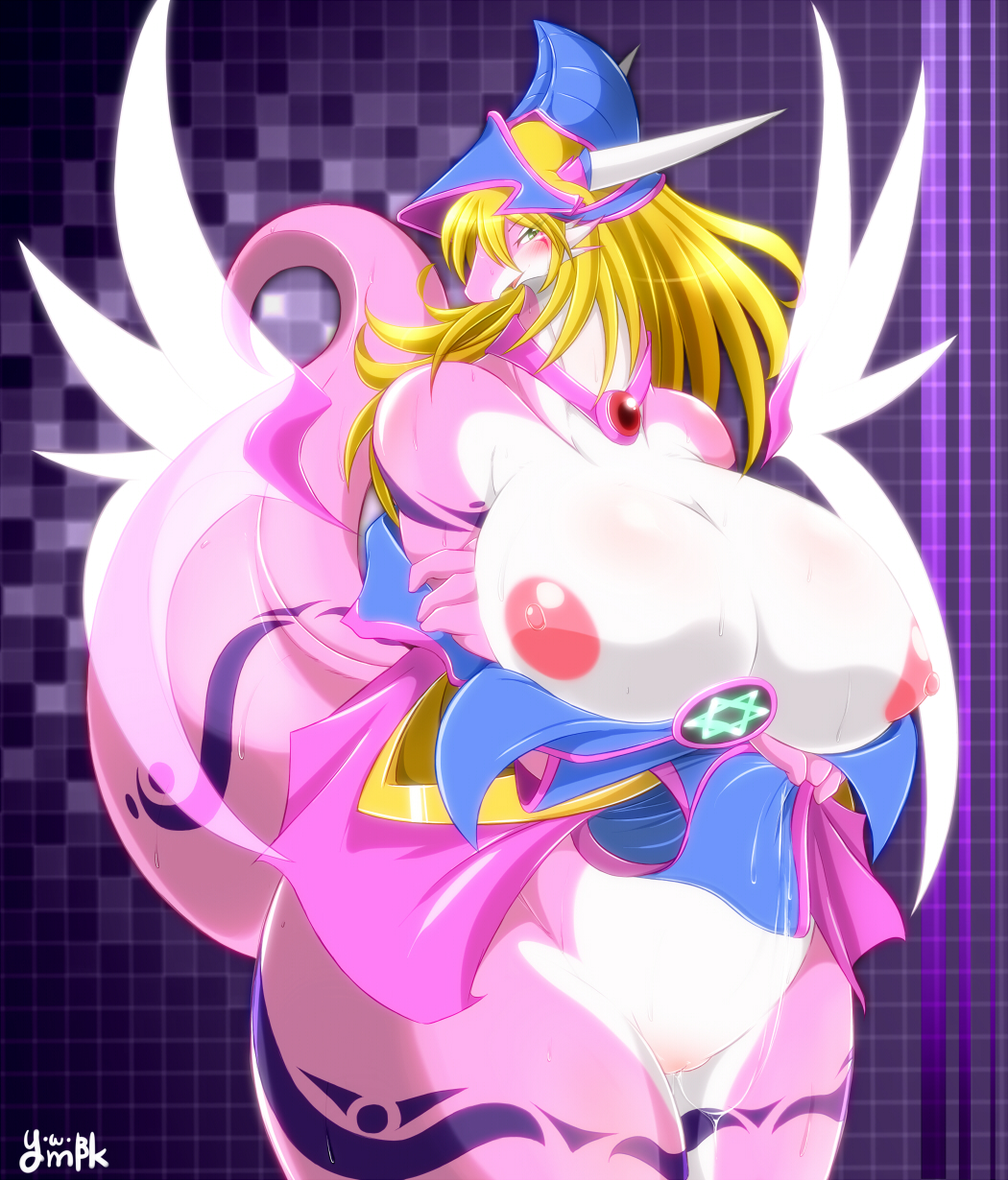 1girl areolae artist_name bangs big_breasts blonde_hair blush breasts checkered checkered_background chubby clothed clothing dark_magician_girl dragon dragon_tail duel_monster fat female furry gigantic_breasts green_eyes hair half-dressed hat hexagram highres horn horns jewelry large_areolae long_hair necklace open_clothes pentagram pussy pussy_juice skirt skirt_lift solo star_of_david sweat tail tattoo transformation tribal_tattoo undressing wet_pussy wings yellow_eyes ymbk yu-gi-oh! yuu-gi-ou