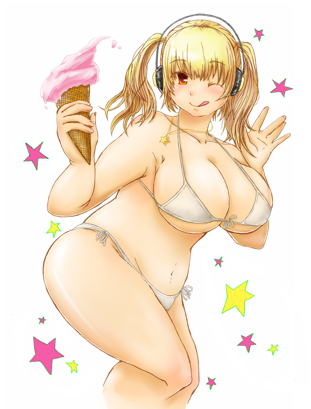 1girl ;q bikini blonde_hair blush breasts cleavage cowboy_shot female food front-tie_bikini front-tie_top headphones hitsuji08 huge_breasts ice_cream ice_cream_cone jewelry kanoto_hitsuji long_hair looking_at_viewer navel necklace nitroplus one_eye_closed plump red_eyes side-tie_bikini smile solo star super_pochaco swimsuit tongue tongue_out twintails underboob waving wink