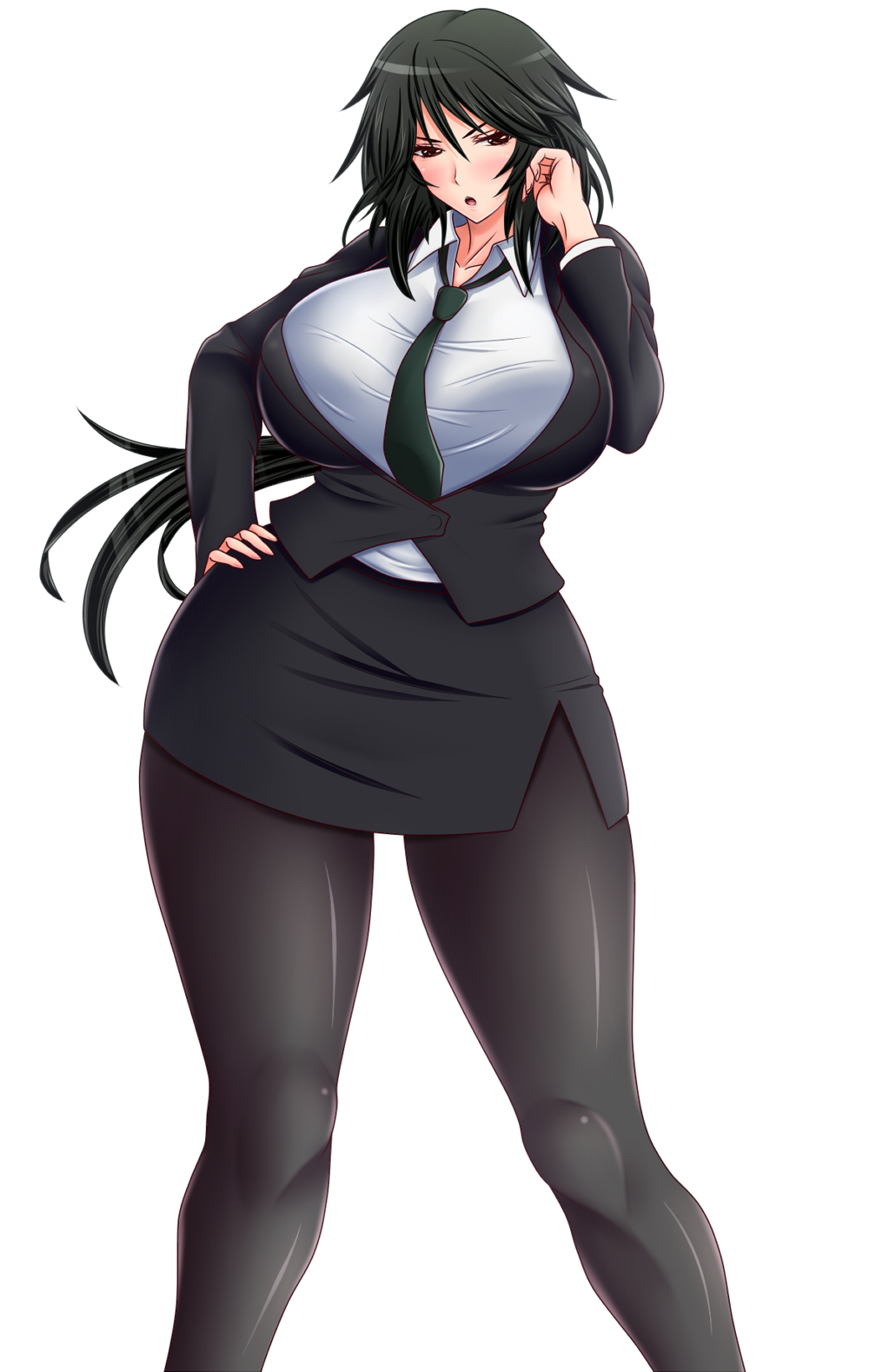 1girl bad_id black_hair black_legwear blush breasts brown_eyes cleavage curvy female formal hand_on_hip hand_to_head highres infinite_stratos jacket large_breasts long_hair looking_at_viewer miniskirt necktie open_mouth orimura_chifuyu pantyhose pencil_skirt saogokushi simple_background skirt skirt_suit solo suit thick_thighs thighs white_background wide_hips
