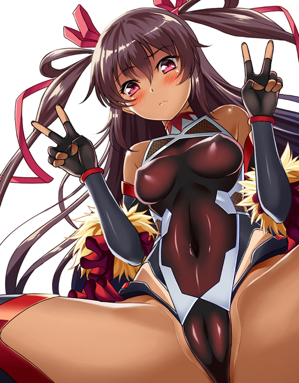 1girl bangs bare_shoulders black_gloves blush breasts brown_hair cameltoe crotch dark_skin double_v elbow_gloves erect_nipples fingerless_gloves fishnets frills from_below frown fur_trim gloves grey_hair hair_ribbon hair_rings halterneck highleg highleg_leotard hips leotard long_hair looking_at_viewer looking_down magical_girl mizuki_yukikaze one-piece_tan partially_visible_vulva pink_eyes red_eyes ribbon shiny shiny_clothes showgirl_skirt simple_background sitting skin_tight small_breasts solo spread_legs taimanin_(series) taimanin_yukikaze tan tan_line taturouxs turtleneck two_side_up v very_long_hair white_background