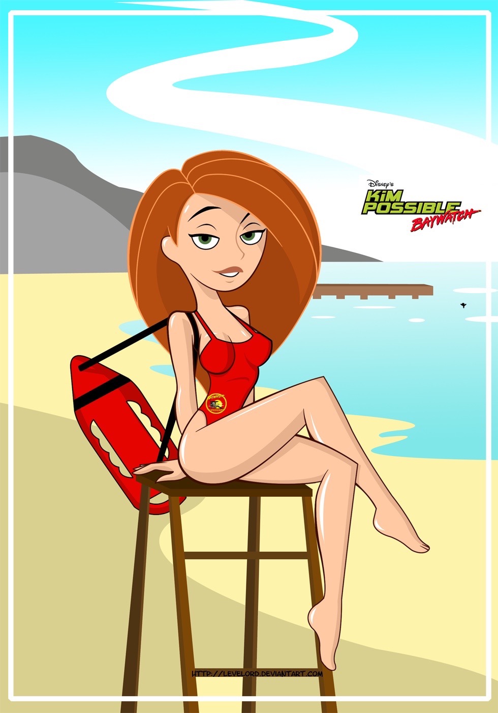 alluring baywatch beach disney disney_channel green_eyes hot kim_possible kimberly_ann_possible legs levelord lifeguard ocean one-piece_swimsuit pin-up pin_up posing red_hair seductive_look sexy sftoon swimsuit voluptuous