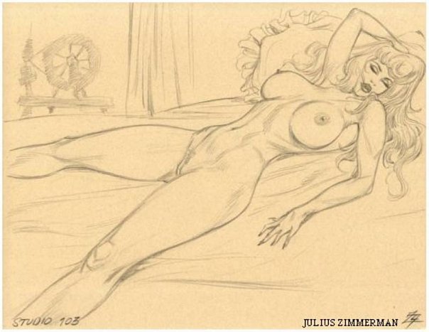 2004 babe beautiful bed breasts disney julius_zimmerman_(artist) legs monochrome nude pillow princess_aurora pussy sleeping sleeping_beauty