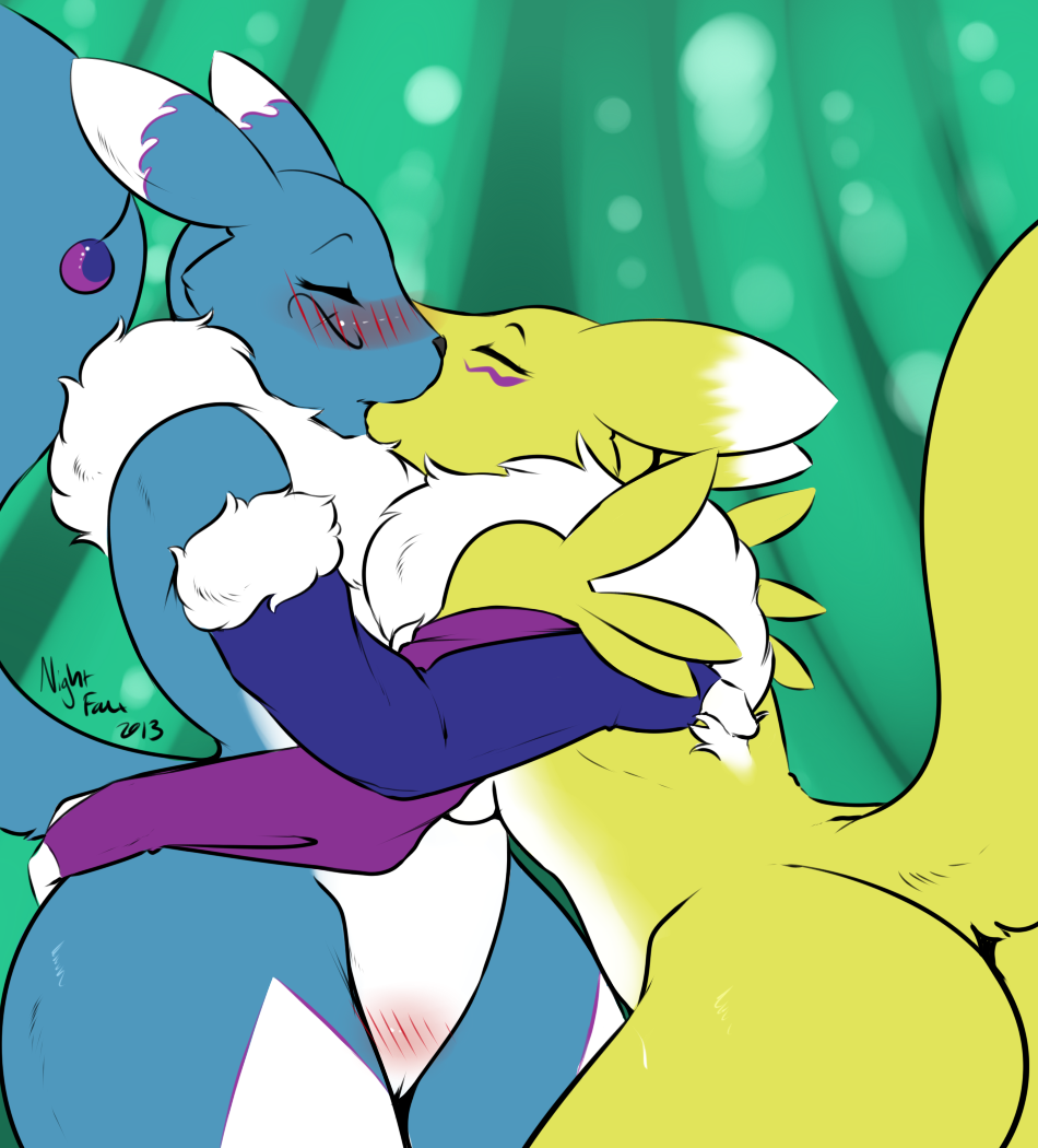 blue_fur blush canine digimon fan_character female female_renamon fox fur furry haley_(nightfaux) hug hugging kissing nightfaux renamon yellow_fur