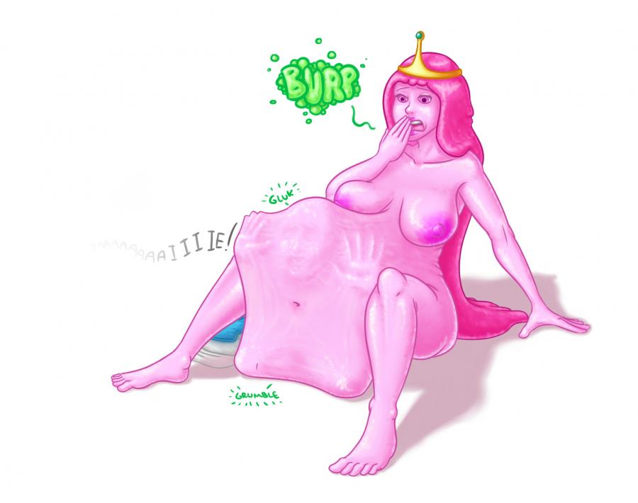 1girl adventure_time big_belly pink_skin princess_bubblegum vore