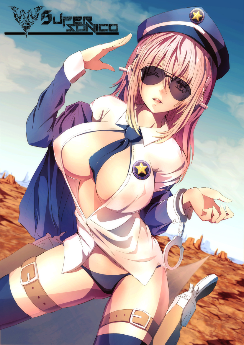 1girl belt blue_legwear blue_panties breasts buckle character_name contrapposto covered_nipples cuffs dutch_angle erect_nipples gun handcuffs hat holster jacket large_breasts long_hair merontomari necktie nitroplus off_shoulder one_eye_closed open_clothes open_jacket open_mouth panties peaked_cap pink_eyes pink_hair police police_uniform policewoman revolver salute sky smile solo sunglasses super_sonico thighhighs unbuttoned underwear uniform weapon western wink