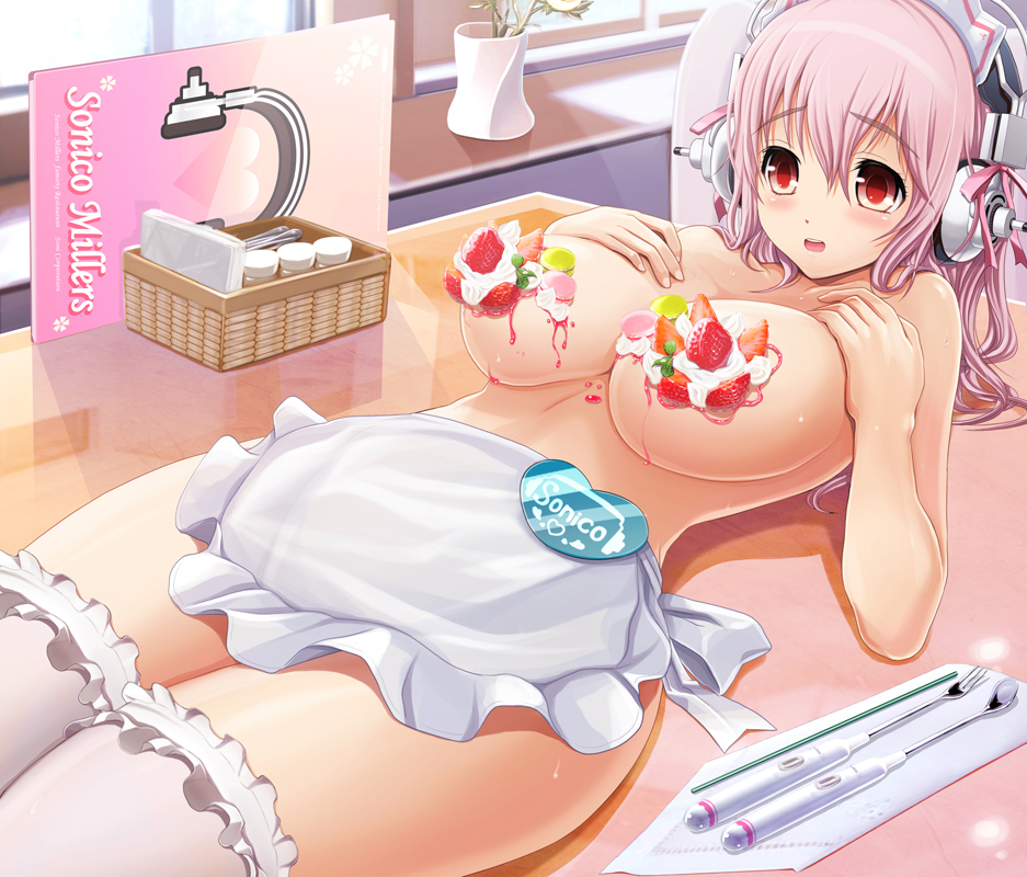 1girl apron basket blush breasts character_name cream food food_on_body fork fruit headphones hips huge_breasts lace lace-trimmed_thighhighs legs long_hair lying name_tag napkin nitroplus nyotaimori on_back open_mouth pink_hair red_eyes solo spoon strawberry super_sonico thighhighs thighs topless v-mag vase waist_apron waitress white_legwear wide_hips