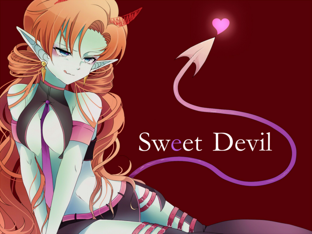 1024x768 1girl armband blue_eyes blue_skin clothed curly_hair demon_tail dragon_ball dragon_ball_z earrings green_skin hair heart horns jewelry licking_lips long_hair necktie orange_hair pointy_ears shitora_(bernkastel) side_slit skirt solo sweet_devil_(vocaloid) tail thigh_strap thighhighs tongue tongue_out very_long_hair vest vocaloid wallpaper zangya