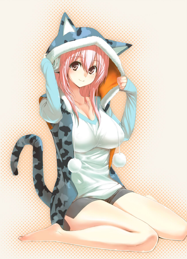 1girl animal_hood bare_legs barefoot blush breasts cat_hood collarbone gen_(black_factory) headphones hood impossible_clothes impossible_clothing impossible_shirt jinroh large_breasts miniskirt nitroplus pink_eyes pink_hair shirt sitting skirt smile solo sonico soniko super_sonico super_soniko tail wariza