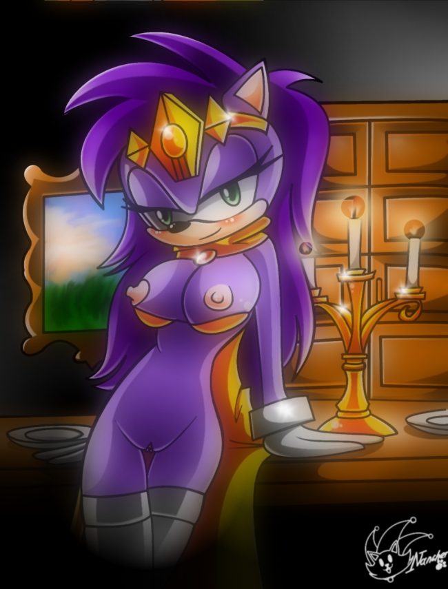 bottomless bra breasts candle clothed clothing crown female fire furry green_eyes hair half-dressed hedgehog looking_at_viewer nancher nipples partially_clothed purple purple_body purple_hair pussy queen_aleena sega solo sonic's_mom sonic_(series) sonic_underground stockings thigh_highs underwear