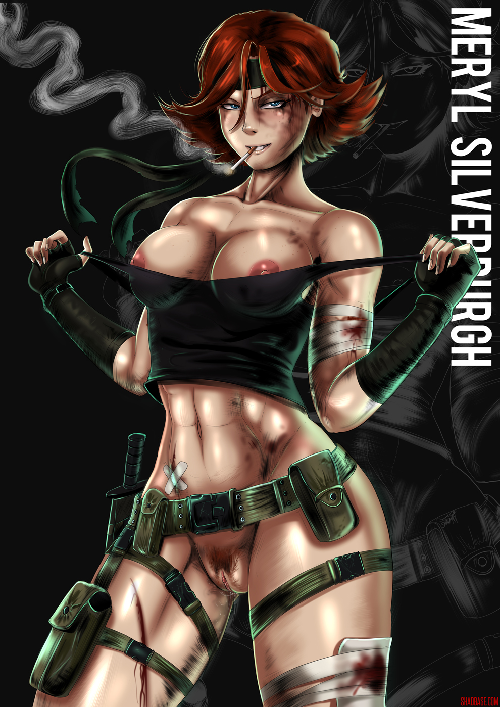 2013 abs ass big_breasts blood blue_eyes breasts cigarette clothing female hair human knife looking_at_viewer meryl_silverburgh metal_gear_solid nipples pussy red_hair shadman smoke smoking solo wounded