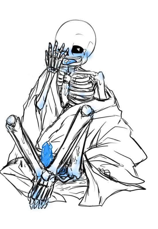 1_boy 1boy animated_skeleton blue_blush blue_penis blue_tongue blush bodily_fluids_on_face bottom_sans cum_on_face dawndream-eros ectopenis heart-shaped_pupils heart_eyes licking licking_hand male male_only off_shoulder one_eye_closed penis sans sans_(undertale) sitting skeleton solo_male tongue tongue_out uke_sans undead undertale undertale_(series)
