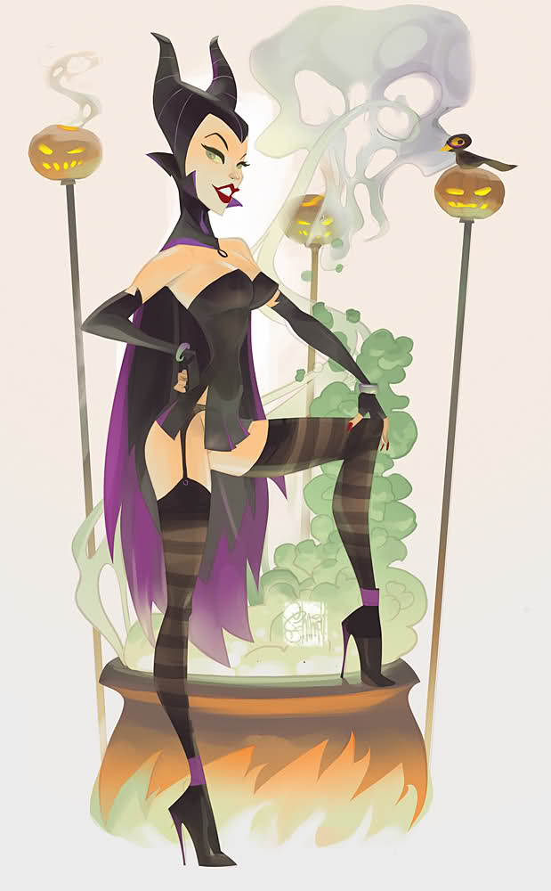breasts cauldron cleavage crow disney high_heels leg_up maleficent negligee nightie sleeping_beauty stockings witch