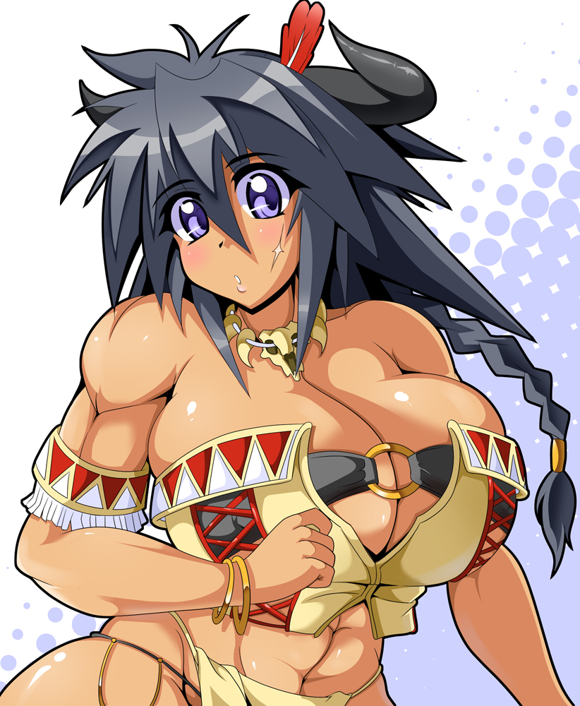 1girl abs black_hair breasts bursting_breasts copyright_request cow_girl dark_skin feathers female fringe hikkin_(pixiv) horns huge_breasts large_breasts long_hair matsumoto_katsuya muscle muscular_female native native_american purple_eyes scar skull solo squaw