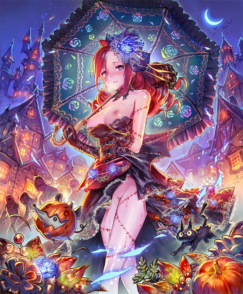 blush breasts cygames dress pussy red_hair shadowverse third-party_edit umbrella