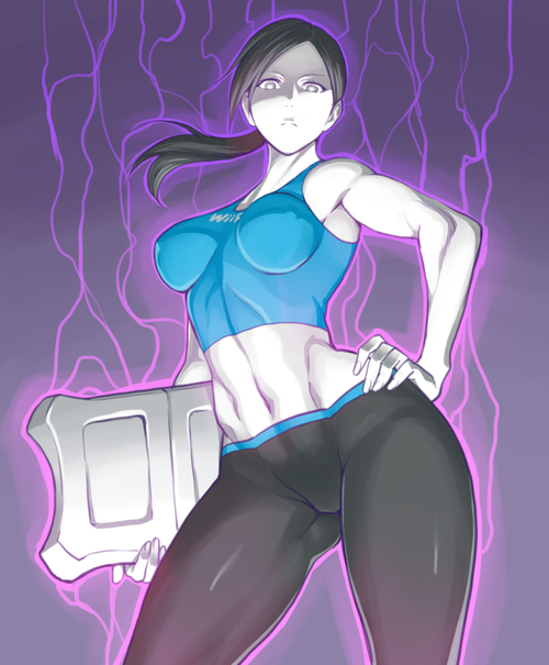 balance_board_(wii_fit) belly black_hair breasts hair lightning midriff navel nintendo posing purple_background vest wii wii_fit wii_fit_trainer yoga_pants