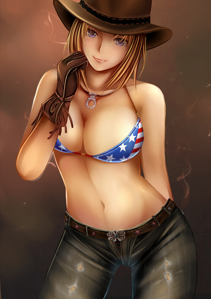 1girl american_flag_bikini big_breasts bikini blonde_hair blue_eyes breasts cleavage cowboy_hat cowgirl dead_or_alive dead_or_alive_2 dead_or_alive_3 dead_or_alive_4 denim flag_print gloves hair hat headgear jeans jewelry looking_at_viewer midriff nannacy7 navel necklace pants ripped_jeans solo stomach swimsuit tecmo tina_armstrong waist western