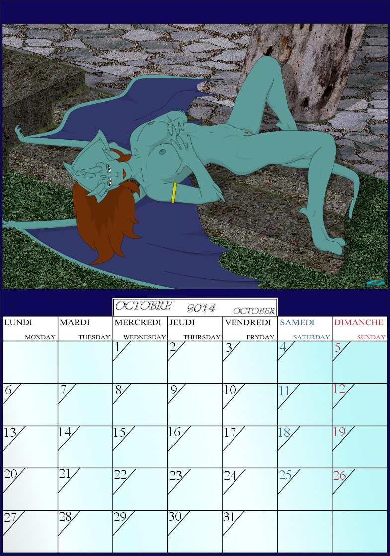 2014 breasts calendar fab3716 female gargoyles looking_at_viewer nude october_(month) on_back ophelia ophelia_(gargoyles) outdoors pussy solo tail wings