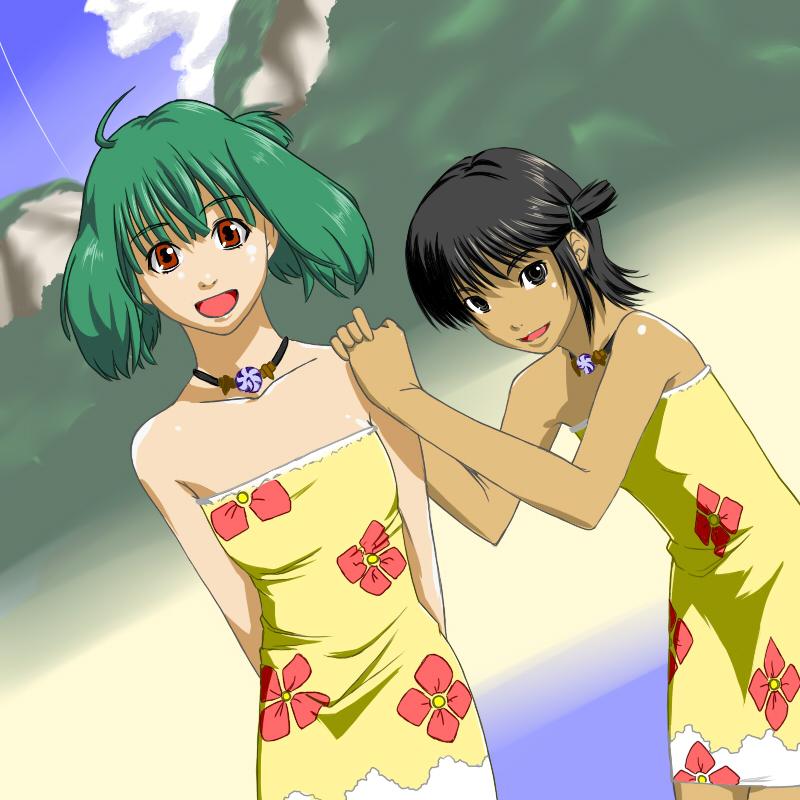 2_girls 2girls arm arms art bare_shoulders beach black_eyes black_hair crossover dark_skin dress dutch_angle female flat_chest green_hair hand_on_shoulder hands_on_shoulder happy jewelry macross macross_frontier mao_nome mountain multiple_girls naiki_(z50j) necklace open_mouth ranka_lee red_eyes short_hair sky small_breasts smile strapless strapless_dress summer_dress sundress yuri