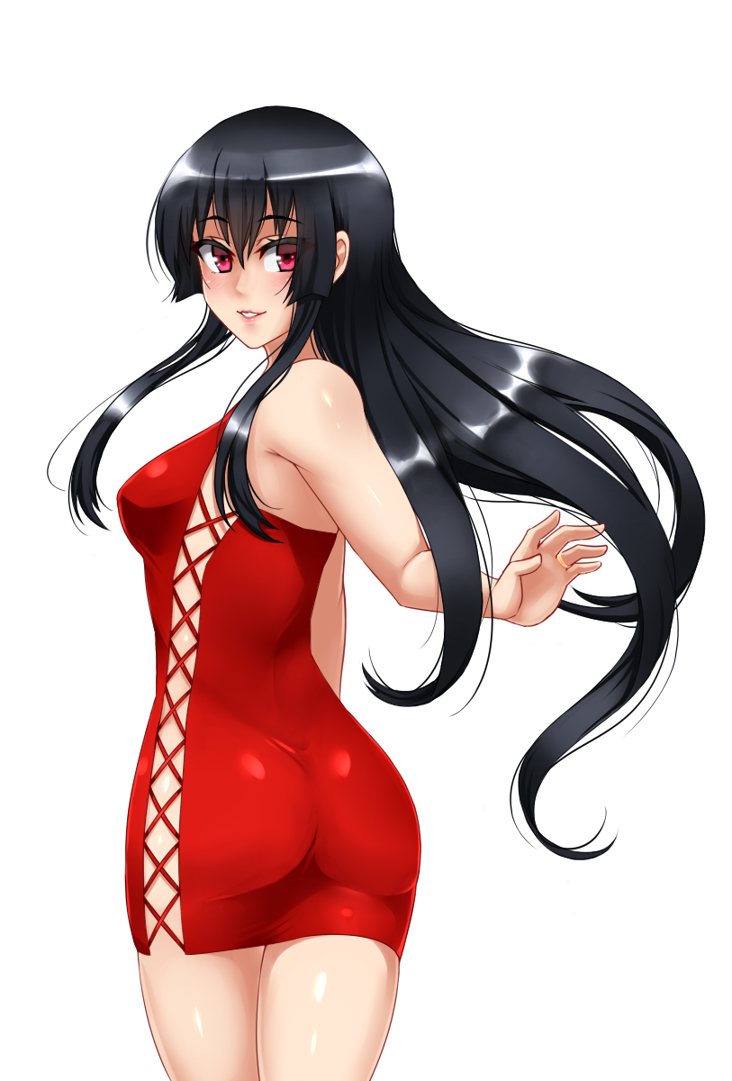 1girl 1girl akame_(akame_ga_kill!) akame_ga_kill! alluring ass bare_shoulders black_hair blush breasts dress high_res jewelry lips long_hair looking_at_viewer medium_breasts parted_lips pink_eyes red_dress ring simple_background skin_tight smile standing twrlare white_background