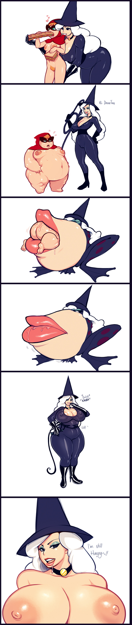 amphibian big_lips breasts butt chubby comic english_text female frog hat human lips little_red_riding_hood magic_user modeseven saliva sandwich text two_stupid_dogs vorarephilia vore whip witch witch_hat