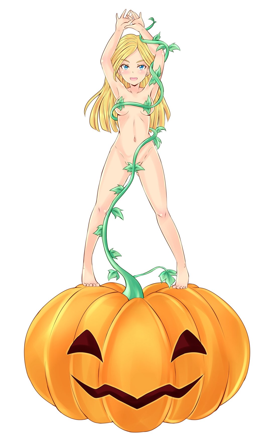 1girl arms_up blonde blonde_hair blue_eyes cornelia_hale female female_human female_only halloween hands_above_head human human_female jack-o'-lantern long_blonde_hair long_hair looking_at_viewer nude pumpkin solo solo_female standing strategically_covered vines w.i.t.c.h. white_background
