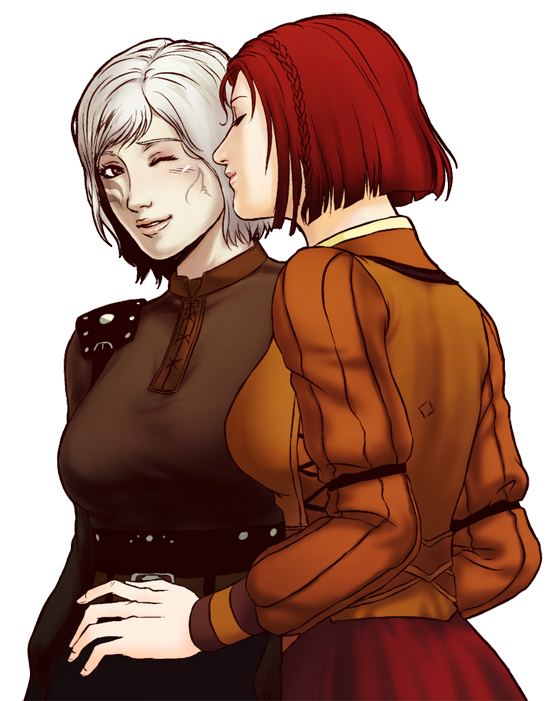 2girls art artist_request blush braid breasts character_request closed_eyes dragon_age dress facial_mark female hair hug hugging incipient_kiss leliana lips lipstick long_sleeves love multiple_girls neck parted_lips red_eyes red_hair short_hair silver_hair smile transparent_background uniform white_hair wince yuri
