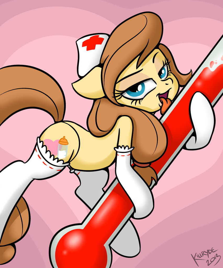 2013 blue_eyes brown_fur brown_hair button's_mom clothing cutie_mark equine female feral friendship_is_magic fur hair hat headgear heart horse killryde licking long_hair looking_at_viewer mother my_little_pony nurse nurse_uniform open_mouth original_character parent plain_background pony smile solo stockings thermometer tongue tongue_out