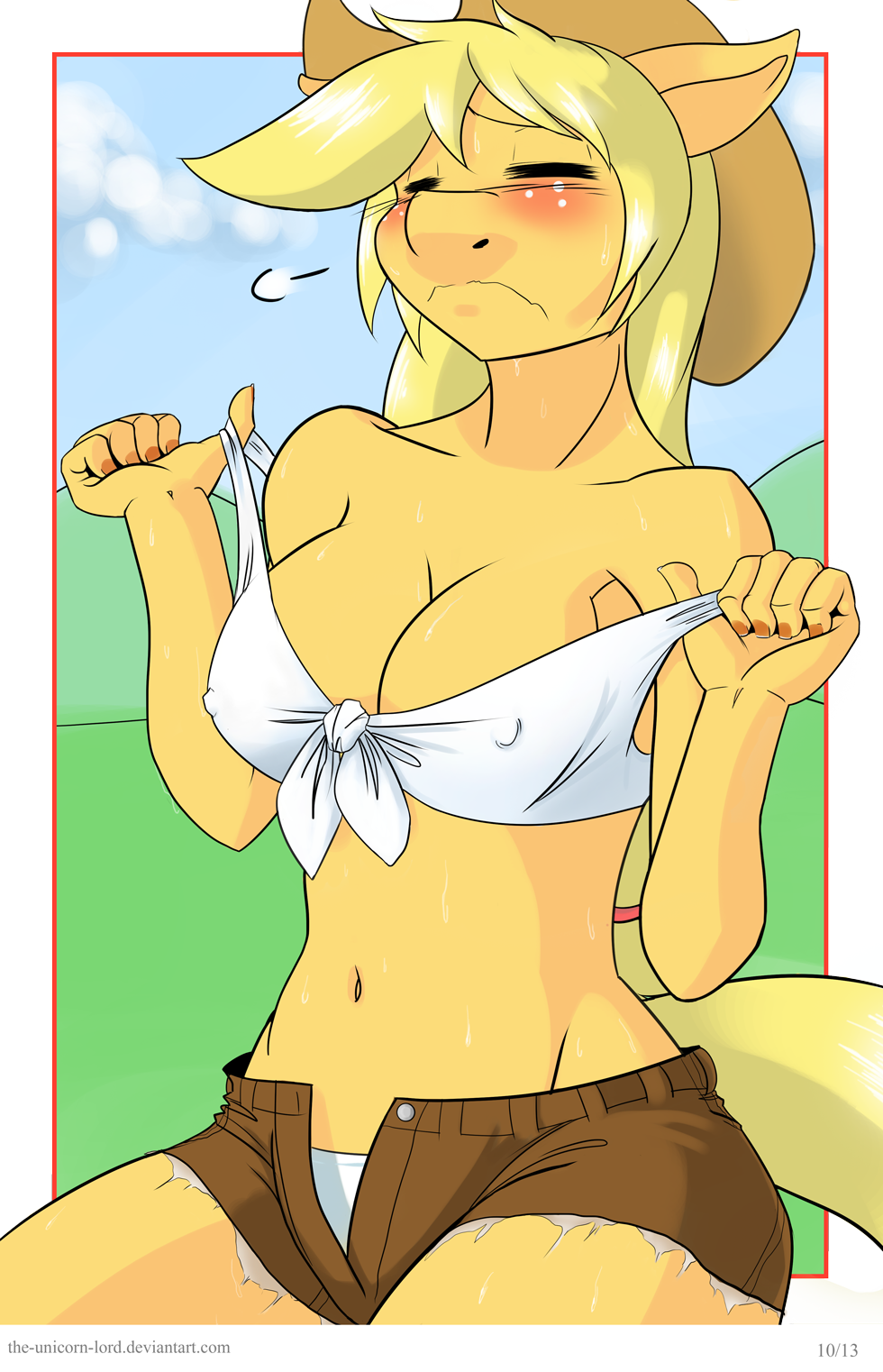 1girl 2013 anthro applejack_(mlp) belly big_breasts blonde_hair blush breasts cleavage closed_eyes equine erect_nipples friendship_is_magic hair horse long_hair midriff my_little_pony navel nipples outside panties pony solo sweat the-unicorn-lord underwear