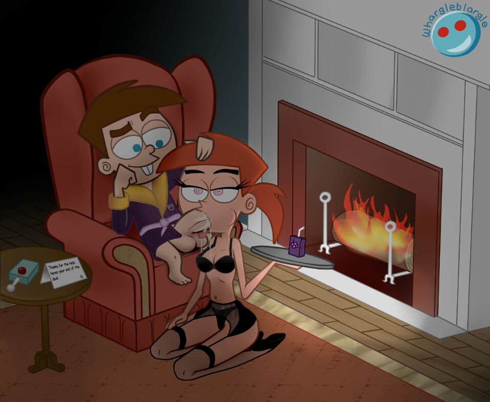 @_@ black_panties blue_eyes breasts brown_hair cleavage cum english_text erection fellatio fire fireplace garter_belt hair high_heels licking oral orange_hair panties penis pink_eyes ponytail short_hair smile testicles text the_fairly_oddparents thighhighs timmy_turner toes tongue underwear vicky_(fop) whargleblargle