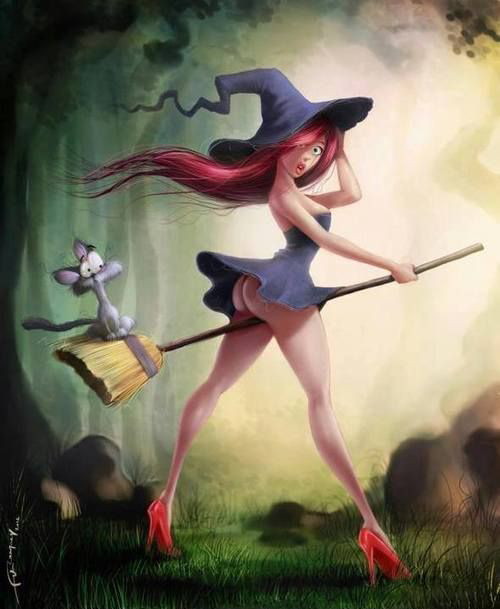 ass big_ass broom felipe_van_rompaey_(vanr) high_heels no_panties original surprised witch witch_hat