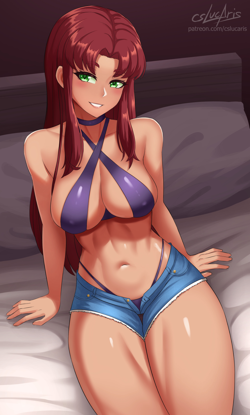 1girl 1girl bed big_breasts bra breasts choker cleavage clothed clothed_female comic_book_character cslucaris dc_comics dc_comics denim_shorts female_focus female_only g-string green_eyes koriand'r long_hair navel open_shorts panties red_hair shiny_skin short_shorts shorts sitting sitting_on_bed skimpy smile solo_female solo_focus starfire superheroine tagme teen teen_titans thick_thighs thong thong_panties thong_straps thong_underwear unbuttoned_shorts