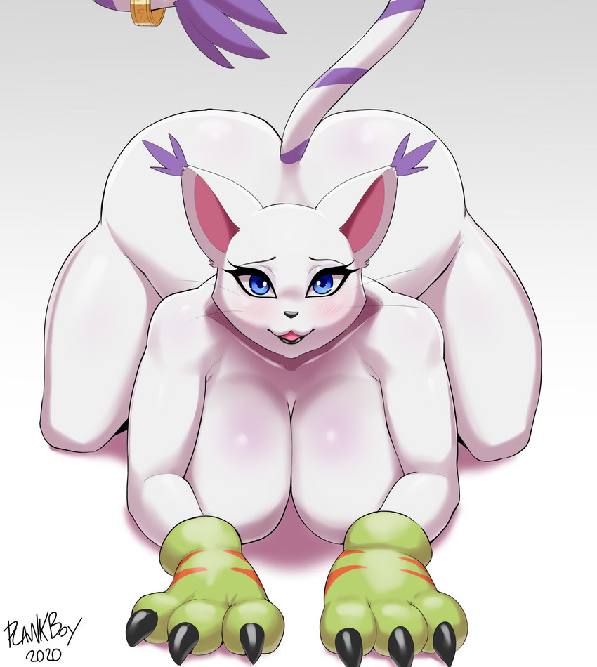 1girl 1girl 2020 absurd_res all_fours anthro ass big_ass big_breasts blue_eyes breasts digimon digimon_(species) eyelashes felid furry gatomon gradient_background high_res looking_at_viewer mammal plankboy signature simple_background