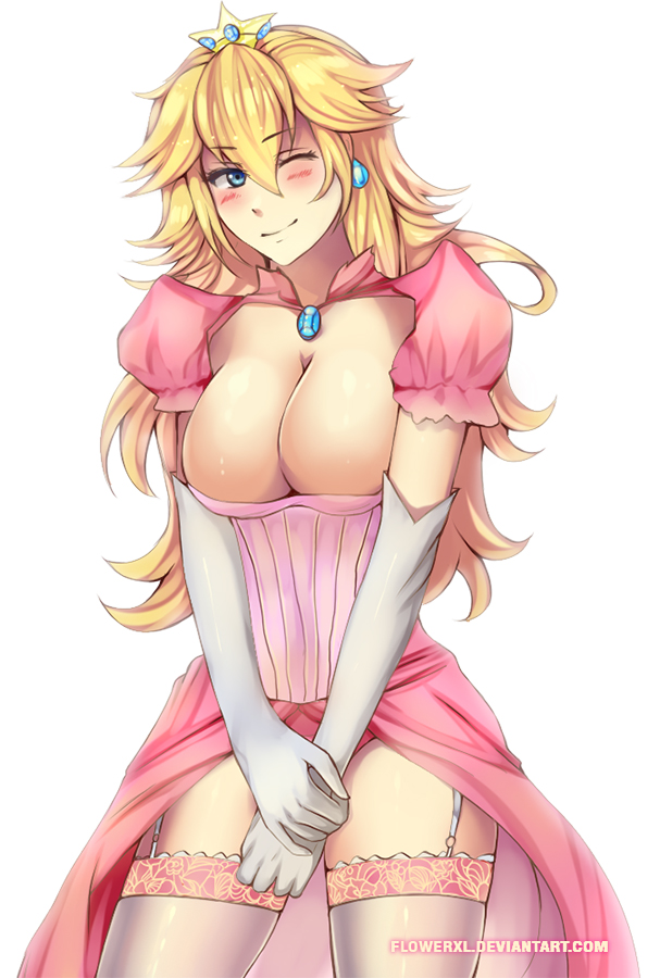 1_girl blonde_hair blue_eyes blush breasts cleavage corset covering covering_crotch crown elbow_gloves flowerxl garter_straps gloves large_breasts long_hair mario_(series) nintendo panties princess_peach puffy_sleeves smile solo super_mario_bros. thigh_high underwear wink