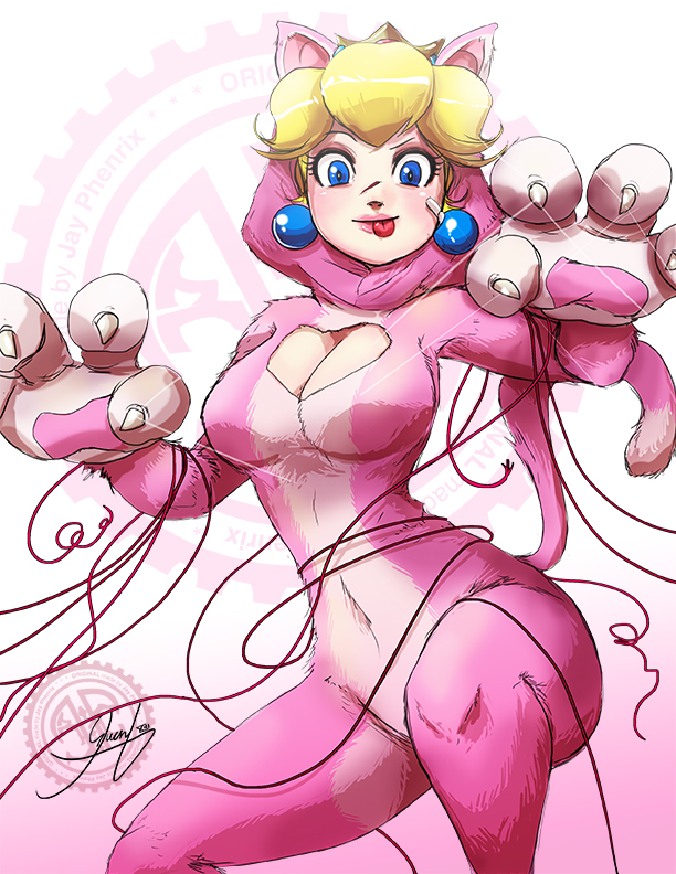 1girl :p animal_costume animal_ears blonde_hair blue_eyes breasts cat_ears claws cleavage cleavage_cutout crown earrings jay_phenrix jewelry mario_(series) neko nintendo paws princess_peach solo super_mario_3d_world super_mario_bros. tongue tongue_out yarn