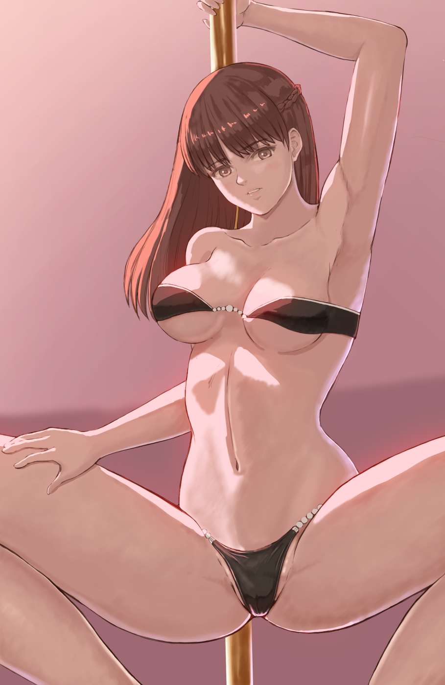 1girl alluring arm_up armpits bangs bare_arms bare_shoulders bikini black_bikini braid breasts brown_eyes brown_hair collarbone dancer dancing dead_or_alive dead_or_alive_xtreme eyebrows_visible_through_hair female_only hand_on_own_thigh harem_outfit high_res lei_fang light_blush long_hair looking_at_viewer medium_breasts navel pink_background pole pole_dancing popo_agaga spread_legs squatting strapless strapless_bikini stripper_pole swimsuit tecmo thong thong_bikini