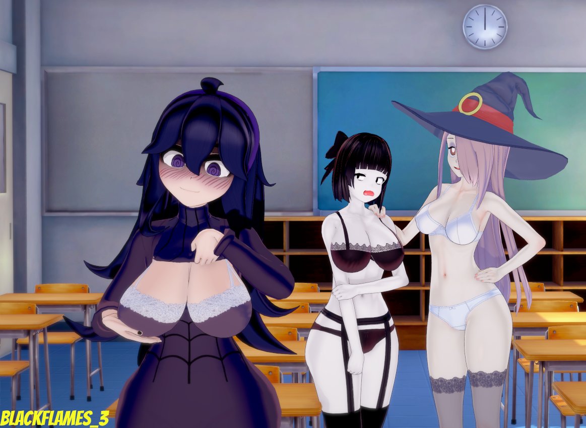 big_breasts bow breast_envy breasts comparing_breasts comparison creepy_susie envy goth hat headband hex_maniac hex_maniac_(pokemon) lingerie little_witch_academia nintendo pokemon ribbon sucy_manbavaran the_oblongs witch_hat
