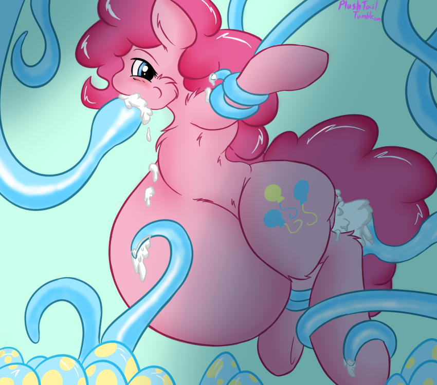 2013 blue_eyes blush cum cum_inflation cutie_mark egg equine fellatio female feral friendship_is_magic fur hair horse inflation my_little_pony oral pink_fur pink_hair pinkie_pie plushtail pony solo suspension tentacle tentacle_sex