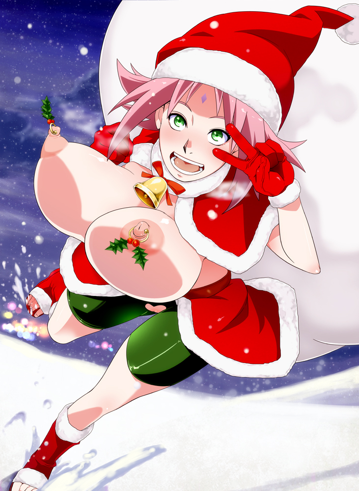 1girl alternate_breast_size alternate_costume areolae bag bell bike_shorts blush boots bouncing_breasts breasts breasts_outside capelet christmas christmas_outfit cloud crotchless facial_mark female female_only forehead_mark gloves green_eyes happy hat holding holding_bag huge_breasts leg_up looking_at_viewer mistletoe naruto night night_sky nipple_piercing nipple_ring nipple_rings nipples open_mouth open_toe_shoes piercing pink_hair puffy_nipples red_gloves red_skirt ribbon running sack sakura_haruno santa_costume santa_hat shiny shiny_clothes short_hair shorts shorts_under_skirt showgirl_skirt skirt sky smile snow snowing solo solo_female spandex steam sunahara_wataru teeth tongue v v_over_eye