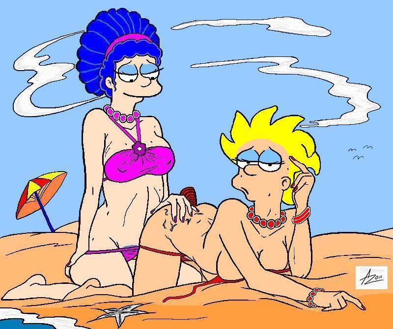 azrael_(artist) beach bikini blue_hair dildo lisa_simpson marge_simpson mother_and_daughter pearls the_simpsons yellow_skin