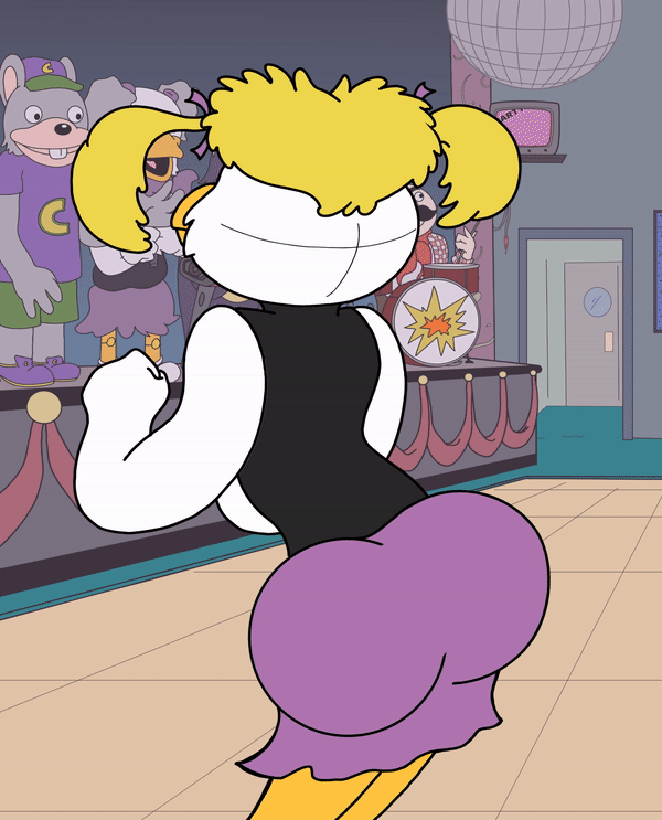 animatronic anthro ass ass_focus ass_shake bad_quality beak blonde_hair chicken chuck_e._cheese chuck_e._cheese's_pizzeria clothed clothing dancing eyelashes furry gif helen_henny looking_at_viewer looking_back looking_back_at_viewer shaking_ass shirt showbiz_pizza skirt thicc-toonz twerking white_body wtf