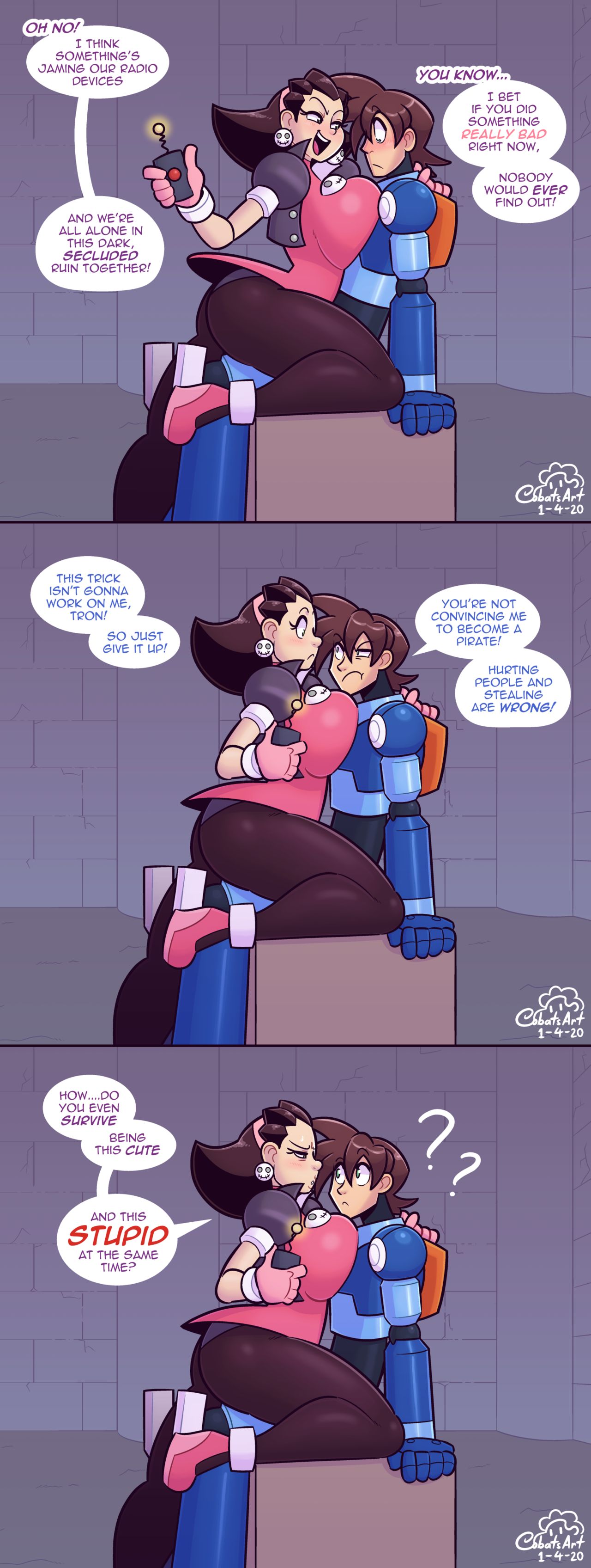 1boy 1boy1girl 1girl aged_up big_ass big_breasts breast_press brown_hair bust capcom clothed_female clueless cobatsart cowgirl_position dialogue female_on_top girl_on_top green_eyes high_heels hips huge_breasts legs male mega_man mega_man_legends mega_man_volnutt oblivious short_hair speech_bubble stockings straight thick thick_legs thick_thighs thighs tron_bonne video_game_character video_game_franchise voluptuous waist wide_hips