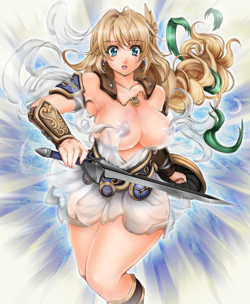 1041_(toshikazu) 1girl alluring aqua_eyes areola armor armored_dress big_breasts blonde_hair blue_eyes braid breasts clothes earrings female_only hips human jewelry long_hair milf nail_polish project_soul see-through silf single_braid sophitia_alexandra soul_calibur soul_calibur_ii soul_calibur_vi sword torn_clothes wardrobe_malfunction weapon wide_hips