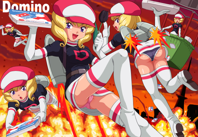1girl :d :o art ass babe black_clothes black_flower black_rose_(flower) black_uniform blonde_hair boots breasts cabbie_hat cameltoe clone clones clothes_writing domino's_pizza domino_(pokemon) dominos drill_hair elbow_gloves explosion flower flying food gloves hat holding holding_box holding_flower holding_rose hot_air_balloon jetpack knee_up looking_at_viewer looking_back medium_breasts multiple_views namesake nintendo open_mouth outside panties pantyshot pantyshot_(flying) parody pencil_skirt pink_panties pizza pizza_box pokemoa pokemon pokemon_(anime) pokemon_(movie) product_placement pun purple_eyes rose short_hair skirt smile soara source_request team_rocket thigh_boots thigh_high_boots thighhighs twin_drills underwear uniform upskirt white_boots white_gloves white_skirt
