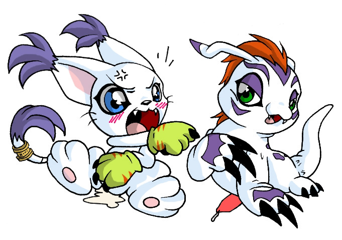 after_sex angry cum_inside digimon gatomon gomamon white_background