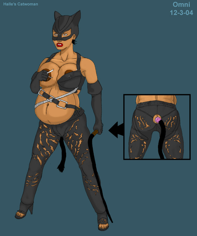 2004 batman_(series) breasts catwoman celeb dark-skinned_female dark_skin dc dc_comics halle_berry navel nipples omni patience_phillips pregnant squeeze