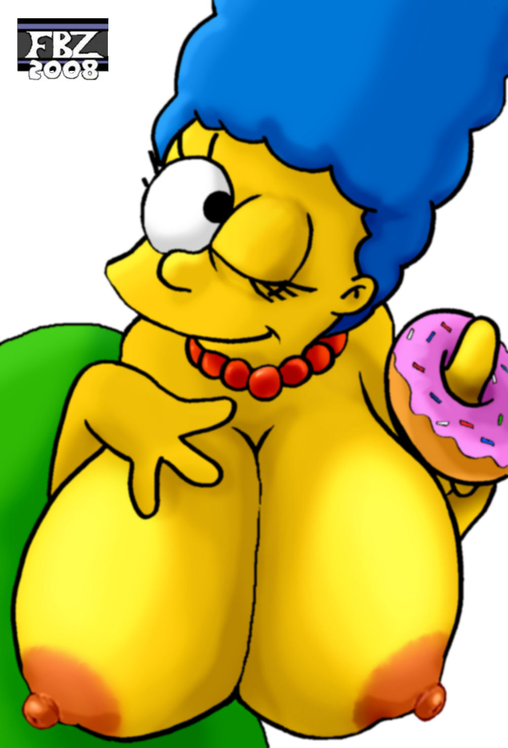 bent_over blue_hair breasts donut fbz hair hanging_breasts huge_breasts marge_simpson pearls smile the_simpsons white_background wink yellow_skin