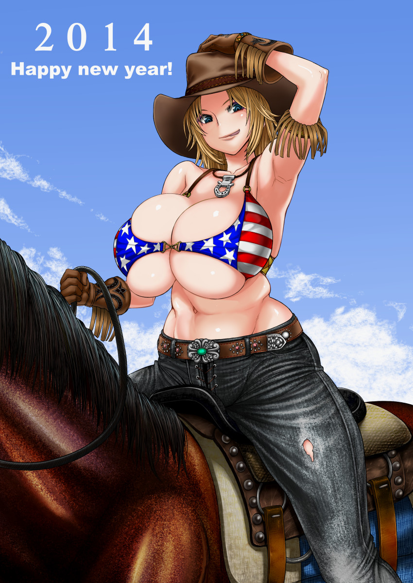 1girl 2014 :p :q abs american_flag_bikini arm_up armpits bikini blonde_hair blue_eyes bokkori breasts chinese_zodiac cowboy_hat cowgirl dead_or_alive denim flag_print fringe gloves happy_new_year hat highres horse horse_(chinese_zodiac) horseback_riding horseshoe huge_breasts jeans jewelry navel necklace new_year pants riding short_hair solo swimsuit tina_armstrong tongue tongue_out western