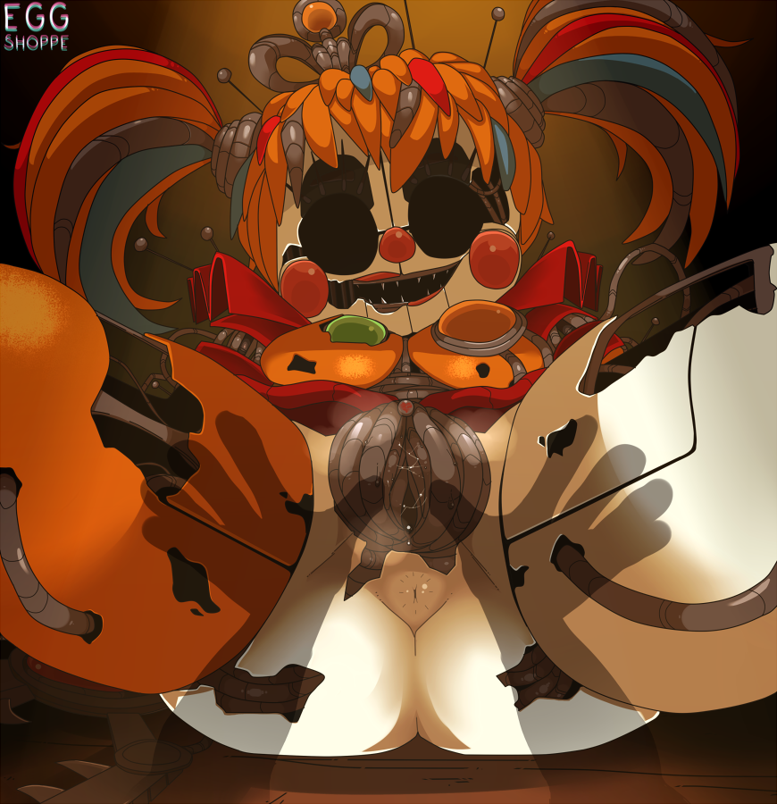1girl animatronic black_eyes circus_baby eggshoppe five_nights_at_freddy's freddy_fazbear's_pizzeria_simulator presenting_pussy pussy pussy_juice robot scrap_baby scrap_baby_(fnaf) smile uncensored
