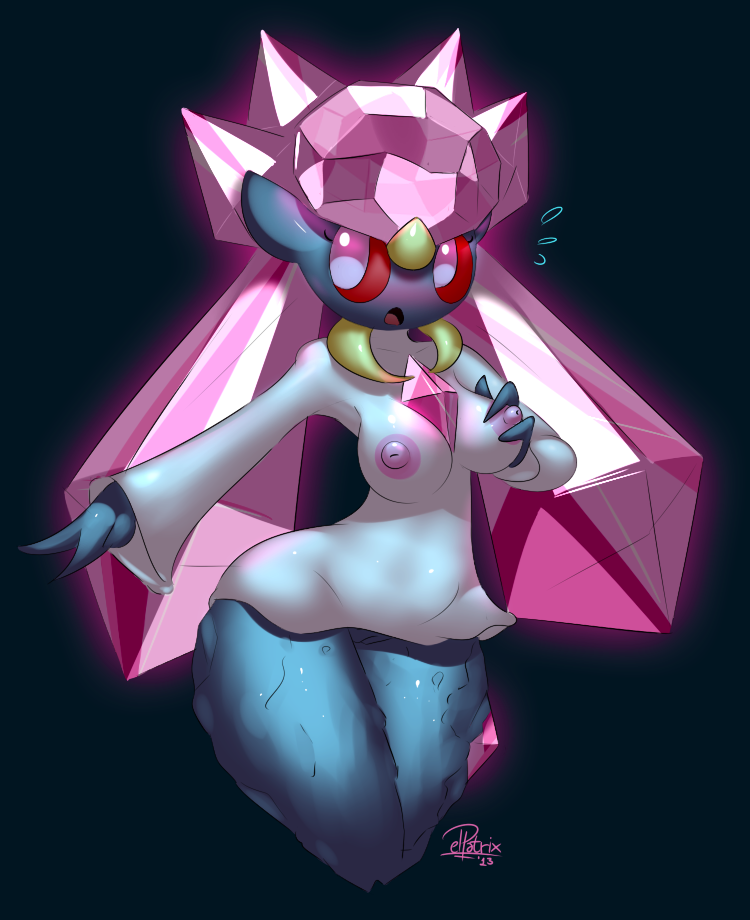 1girl 2013 anthro anthrofied breasts clothed clothing crystal diancie dress elpatrixf eyelashes female grasp half-dressed hand_on_breasts looking_away nintendo nipples open_mouth plain_background pokemon pokÃ©mon pussy red_eyes shadow shiny solo standing teal_background tongue video_games white_eyes